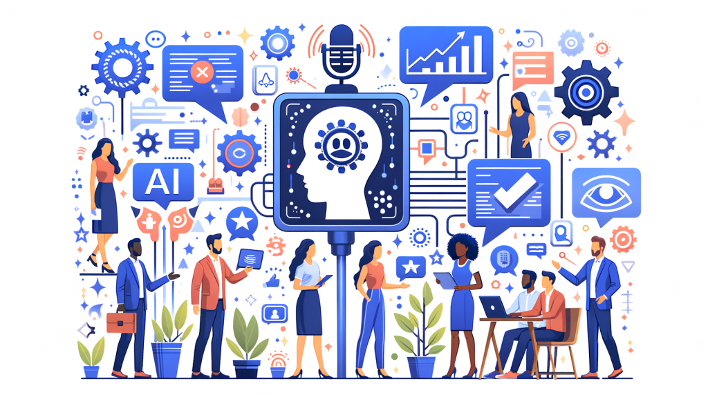 Generate an illustration for an article with a 3:2 aspect ratio using an upbeat and light visual style. The image should depict the idea of 'Using AI to Elevate Your Public Speaking'. Show a diverse group of people interacting with different AI tools - such as real-time feedback system, a content creation tool, and a personalized coaching platform. Make sure to convey the positivity and transformative power of AI in refining public speaking skills, and enhancing the effectiveness of audience engagement.