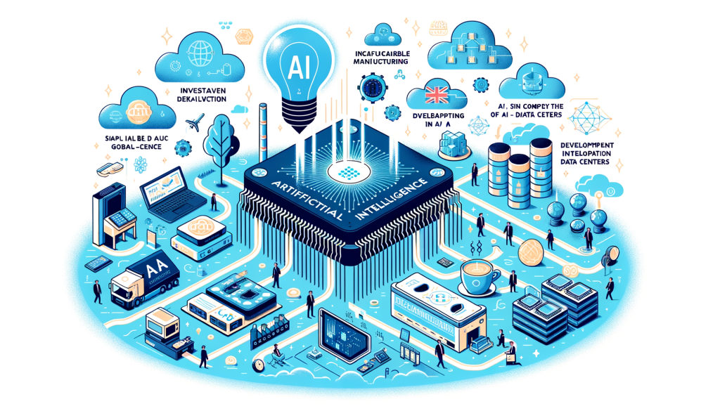 Create an illustration in a whimsical and lively digital animation style, in a 3:2 aspect ratio. The image should be positive and light, depicting the concept of a UK based tech company preparing to launch their own artificial intelligence chips by 2025. Visualize the process of chip design, scalable manufacturing, and incorporation into various devices. Also include elements depicting investment in AI, development of AI data centers across global locations like Europe, Asia, and the Middle East, and the surge in the company's stock. The image should capture the essence of an upcoming technological revolution in the chip industry.