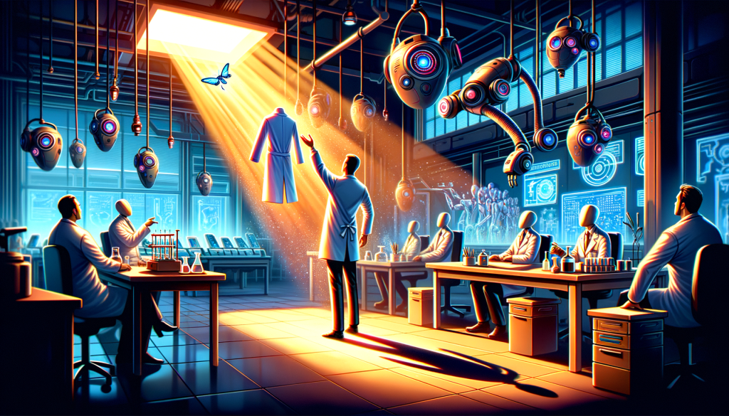Create an illustrative depiction in a vibrant, lively, and whimsical style, similar to Pixar's light-hearted animation tone, while respecting a 3:2 aspect ratio. The scene should highlight a symbolic representation of change in a technology-focused company. Visualize a well-lit, futuristic laboratory setting with symbolic metaphors for transition: perhaps a scientist's coat being passed from one person to another, signifying change in leadership. Further, include elements such as innovative AI-based machines and autonomous robots, reflecting the company's core focus on AI technologies. Use the dramatic casts of light to hint at potential intrigue and the undisclosed information. Please avoid any direct or indirect representations of the real individuals mentioned.