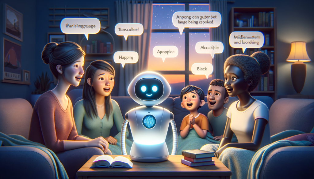 Create a digital illustration featuring a neutral machine with a welcoming aura, modeled with 3D animation techniques similar to early animated feature films. The machine is situated in a cozy setting, possibly at a desk in a living room, talking with a diverse group of people - an Asian woman, a Caucasian man, a Middle-eastern child, and a Black teenager. Their faces show surprise, happiness, and sheer awe. The machine simultaneously translate different languages being spoken and interprets the people's expressions, responding with appropriate facial and vocal cues. Background should include a bed, books and fading sunset through the windows, suggesting a bedtime storytelling scene. Also, hint subtle references to a tech-savvy environment that correlates with AI tech advancement.
