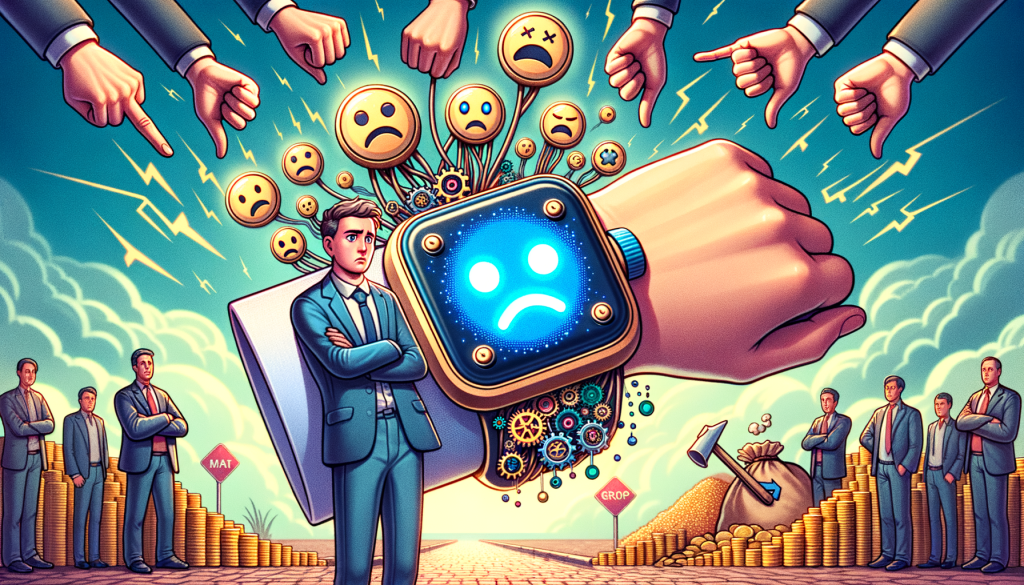 Create a bright and jovial digital artwork in a 3:2 aspect ratio, capturing the storyline from an article about an artificial intelligence company. The central focus should be on an AI-enabled wearable pin, illustrated in a cartoon-like style, comparable to some pre-1912 animation aesthetics. The pin should emanate a sense of dissatisfaction, perhaps through exaggerated negative user expressions or critique symbols like thumbs down or sad emoticon. Nevertheless, the overall sentiment should remain hopeful, maybe symbolize plans for updates and improvements, possibly through a sketch of gears and tools. The background could hint at substantial investment with a pile of gold coins, and the potential uncertain future with a forked road or cloudy skies.