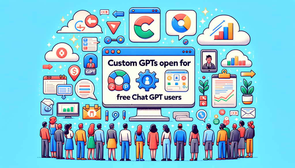 Illustrate an image in a 3:2 aspect ratio with a lively, cheerful atmosphere. The scene includes various symbolic elements referencing the new features discussed in the article titled 'Custom GPTs open for free ChatGPT users'. Symbols could include, but are not limited to, a large computer screen displaying the ChatGPT portal, a smaller user interface window featuring accessible custom GPTs, representations of OneDrive and Google Drive logos suggesting data integration, as well as alternating bar and pie charts symbolizing data analytics and customization. Highlight the access to these features by all users, showing happy digital human figures of different ethnicities and genders interacting with the software. Please note, mimic a simplistic, illustrative animation style that is reminiscent of early 20th-century cartoons, which prioritizes clear visual storytelling, engaging colors, and straightforward character designs.