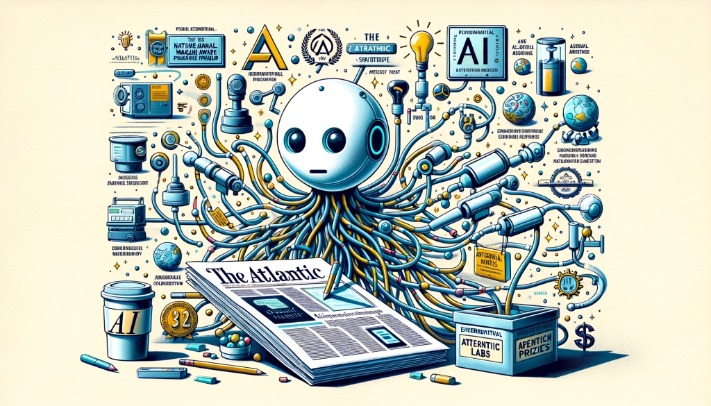 Create an image with 3:2 aspect ratio showing an abstract representation of a strategic partnership. Incorporate elements like a modern newspaper named 'The Atlantic' and an AI symbol indicative of 'OpenAI', a tech company. Depict the newspaper interacting innovatively with the AI, implicating productive collaboration. Suggest the emergence of new products symbolized by a small experimental microsite labeled 'Atlantic Labs'. Show representations of awards like the National Magazine Award and Pulitzer Prizes subtly hinting at the journalistic excellence. The overall image should be light, positive, and steeped in a modern cartoon-style similar to works that precede 1912 and appeal to a broad audience.