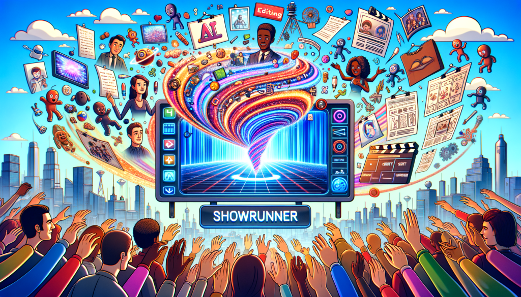 Create an imagery in a cartoonish, bright, and positive style illustrating the concept of the first AI-generated show streaming service. Picture a digital interface showing animated TV show thumbnails on a futuristically-styled platform, labeled 'Showrunner'. To signify 'AI-generated', include various stages of an animation production process swirling into a TV screen: storyboards, script pages, character models. To reflect the interactive nature, show diverse hands of a Caucasian woman, a Hispanic man, a Middle-Eastern woman, and a Black man, manipulating the screen, suggesting user editing. The backdrop is a bustling global city representing users from around the world.