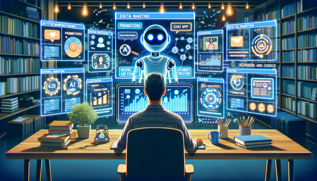 Illustrate an image in a 3:2 aspect ratio, embodying a positive, light, and cheerful atmosphere. Showcase the successful integration of AI (Chat GPT) into a digital marketing landscape. The scene should depict an individual of South Asian descent at a modern, virtual desk engaging with several holographic screens displaying different aspects of affiliate marketing like promotions, market research, customer interaction, and content creation. Incorporate reference to Chat GPT being a helpful digital assistant guiding the marketer's strategies efficiently. Please avoid incorporating Pixar style or any specific recognizable style from post-1912.