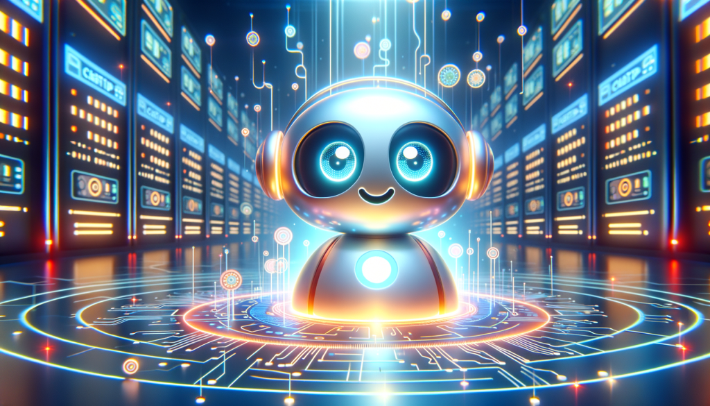 Create an upbeat and cheerful image in an animated and whimsical style that respects the stylistic qualities of pre-1912 animation. The picture should show the abstract concept of ChatGPT coming back online after an outage. It includes an illustration of a cheerful artificial intelligence bot, perhaps a human-like entity exactly with an evenly glowing aura to symbolize its successful revival. This bot sits in a virtual command centre filled with floating holographic servers and circuits in the background, highlighting the world of AI. Focus on a 3:2 aspect ratio.