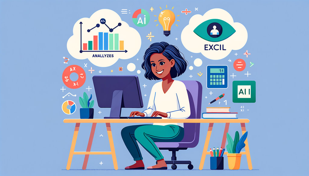Create an image in a 3:2 aspect ratio that illustrates the topic 'Unlocking the Power of AI in Excel: My Guide to Mastering Analyze Data for Enhanced Insights'. The image should show a joyful, Hispanic, female analyst sitting at a computer and using Excel to analyze data. She is surrounded by AI symbols and Excel icons, illustrating their union. A thought bubble above her shows images of formulas converted into insights represented as simple graphs. The overall mood should be positive, light, and friendly. Bring out the feeling of intelligence, ease, and empowerment felt by the analyst by using bright colors and smooth lines.