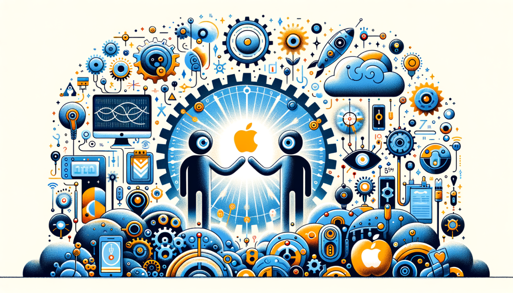 Create a 3:2 aspect ratio illustration in a positive and light-hearted style, inspired by early 20th-century animation aesthetics. The scene should represent a symbolic partnership. In the center of the image, there should be two non-identifiable entities coming together in a positive and collaborative union which would represent OpenAI and Apple. Surrounding them, show various elements that encapsulate the idea of technological innovation and artificial intelligence, such as gears, futuristic devices, and complex binary codes, all depicted in an imaginative and creative way.