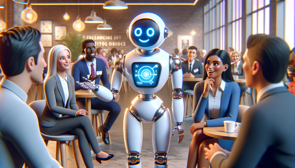 Create a vibrant, positive image in a 3:2 aspect ratio, illustrating the concept of AI's future role in coaching for professional development. Show a quality scene of an AI robot with a friendly demeanor, communicating with a diverse group of professionals from different descents such as Caucasian, Hispanic, and South Asian. The AI robot is providing real-time feedback and advice, while professionals are actively engaging in conversation, showing interest and learning. Use animation style emphasizing simplicity and expressiveness, akin to 3D animation studios from the late 20th century. A futuristic setting and ambiance would emphasize the AI era.