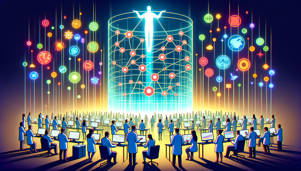 Create an illustration, designed in a 3:2 aspect ratio, that aligns with the subject of an article about MIT researchers introducing generative AI for databases. The image should be positive and uplifting, bringing to mind the sense of discovery and innovation. Instead of the specified 'Pixar style', use a style featuring bright, vibrant colors, dimensional depth and smooth, rounded forms, reminiscent of early 20th century animation. Depict a diverse group of researchers of different genders and descents working together on a large, glowing display showing a network of nodes and lines symbolizing a database being managed by AI.