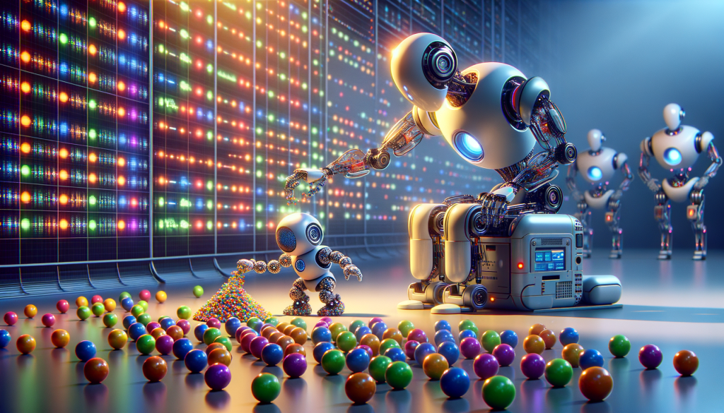 Create a positive and light style image portraying the idea of AI and energy efficiency. The picture should capture a metaphorical scene where a small robotic figure, representing the lesser model, is meticulously sorting through batches of colorful spheres symbolizing different data points. The larger robot, representing the main training model, waits patiently and selectively picks up the chosen bunch. The scene should convey a process of efficient selection and training, symbolizing the JEST training method of DeepMind. In the background, display futuristic visual elements, hinting at advanced technology and low energy consumption. This image should adhere to a 3:2 aspect ratio.