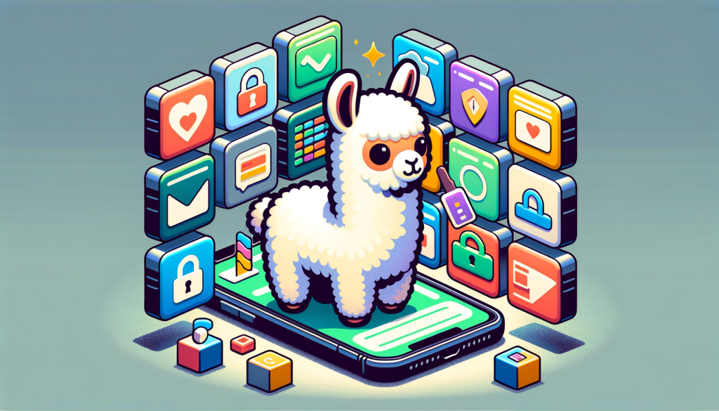 Generate an image with a 3:2 aspect ratio in a cartoonish style, depicting a symbolic scene related to the article 'Llama 3.2 goes small and multimodal'. Illustrate a small, friendly-looking llama operating a mobile device, symbolizing the Llama 3.2 software. The llama is interacting with a range of colorful application icons that represent tasks such as summarizing messages and scheduling, demonstrating the multi-tasking abilities of Llama 3.2. In the background, display recognizable elements of security like a lock symbol to symbolize user data privacy. Emphasize the app's open-source character with a symbol like an unfolded box. Make the overall feel of the illustration positive and light.