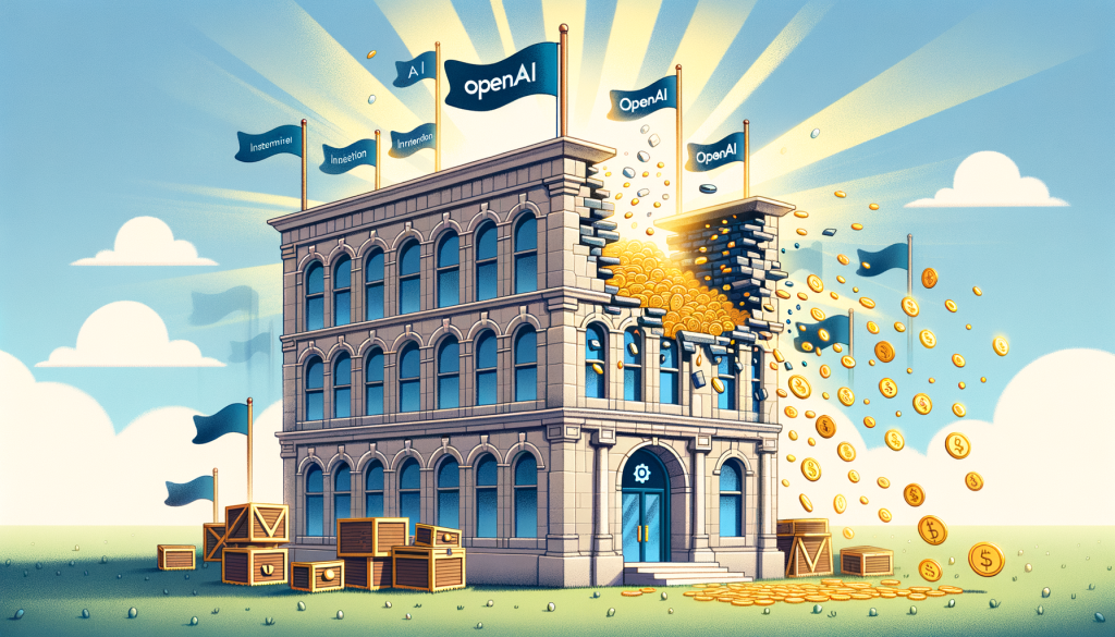 Illustrate an image in a positive and light style, in a 3:2 aspect ratio, inspired by the style of a famous American computer animation studio. The scene should depict a metaphorical transformation of a non-profit organization into a for-profit corporation. We could have an image of a sturdy building labeled 'OpenAI' standing tall with fluttering pennants symbolizing various AI technologies, like Chatbot. The building should be metamorphosing showing its partial stone structure. Subtly incorporate investors' interest as gold coins or treasure chests flocking towards the transforming building. Bright sunlight should beam down symbolizing hope and optimism despite uncertainty. Remember, the scene should not include any individuals or specific people.