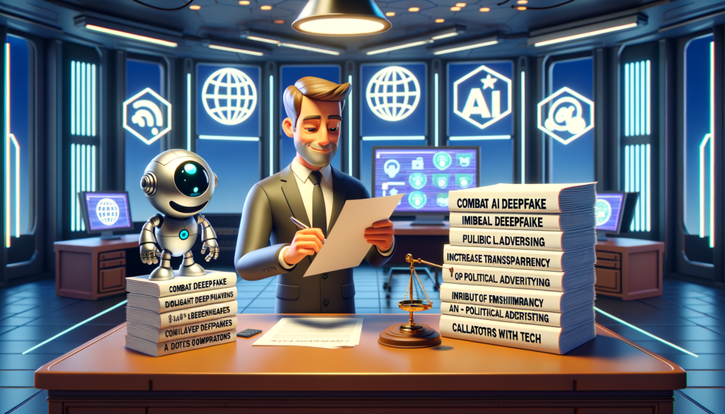 Create an illustration in a positive and light Pixar-inspired 3D animated style. The scene should depict a generic governor within a futuristic office, signing a pile of state bills labelled with titles like 'combat AI deepfake', 'increase transparency in political advertising', 'prohibition of misleading AI-generated materials'. There should be distinct symbols or icons depicting AI and deepfakes nearby, perhaps either as designs on the public leader's desk or as decor in the room. Furthermore, show in the background a computer screen displaying large online platforms endorsing the action, symbolising collaboration with tech companies. Use a 3:2 aspect ratio.