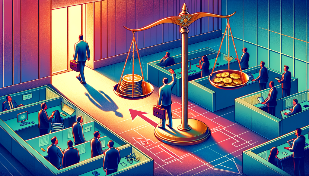 Create an uplifting 3:2 aspect ratio illustration capturing the essence of a technology company going through a transformative phase. Depict an office environment where different executives are seen leaving. Show symbolic elements such as a shifted compass to indicate the change in leadership and direction, and a balance scale tipping towards a solid, masculine figure symbolizing the incoming CEO. Illustrate a hand placing golden coins into a jar marked with financial symbols, representing the company seeking investment. Lastly, include a section of the office fading with employees visibly worried, symbolizing the uncertainty and unrest. Use a vibrant, cheerful color palette and smooth shading commonly found in animated films prior to 1912.