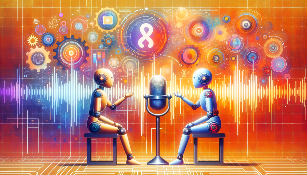 Generate an optimistic, refreshing, and lively image illustrating the custom podcast generation feature of a technology known as 'NotebookLM'. The image should showcase two AI figures engaged in a pleasant conversation in front of a futuristic, abstract background that suggests the melding of technology, creativity, and communication. A visual representation of podcast waveforms should also be incorporated within the image, signifying the audio nature of the content. The AI figures should appear friendly and approachable to indicate a conversational tone. The color palette should be cheerful and vibrant to reflect the positive style asked. Please maintain a 3:2 aspect ratio.