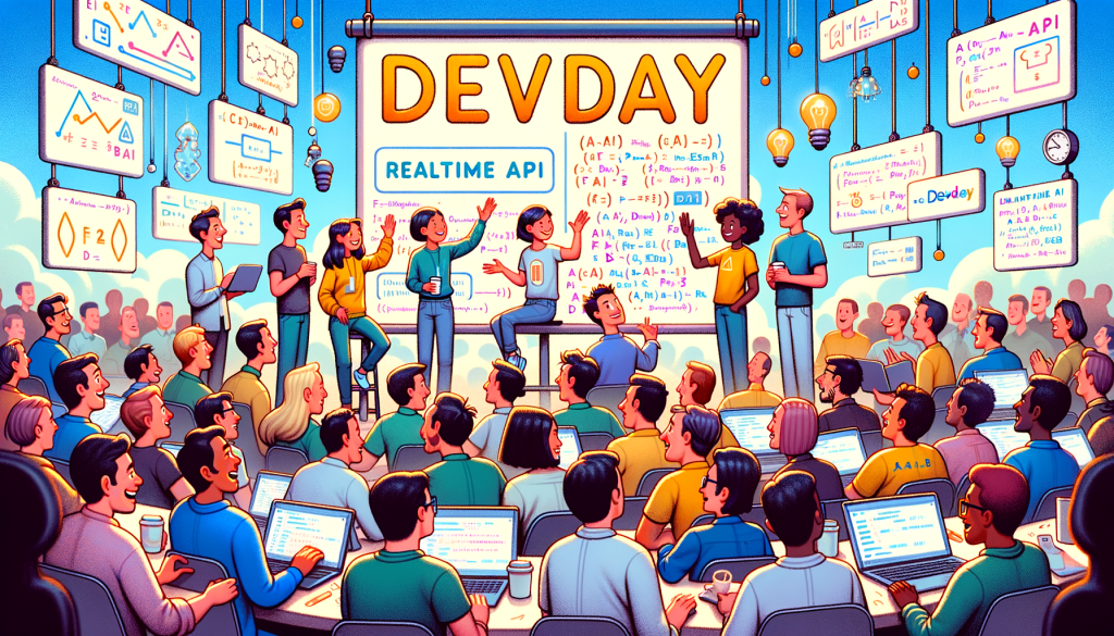 Create a 3:2 aspect ratio illustration that reflects the joyous excitement of a developer's conference. The event, OpenAI's DevDay, is characterized by the introduction of new updates like the Realtime API. Show a vibrant scene with a variety of developers, men and women from different descents such as Caucasian, Hispanic, South Asian, and Black engaging actively in an API discussion, amid digital boards displaying AI-related equations and codes. Embody a whimsical, upbeat, and cartoony style to the imagery, similar to the cheerfulness observed in early 20th-century animation styles.