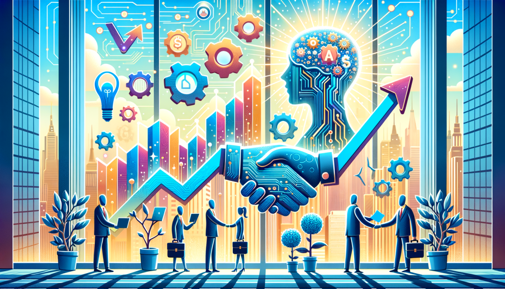 Generate a bright and positive illustration in a 3:2 aspect ratio that captures the story of OpenAI's significant growth. Feature symbolic representations such as a growing tree or a rising graph to represent the company's increasing valuation, handshakes and briefcases to signify major investments, and a shifting balance to signify strategic changes. Include symbols for AI like circuit patterns or a brain made of gears. Set the illustration against an office or business landscape for context. Ensure the style is light, uplifting and playful, reminiscent of animated movies from the early 2000s.