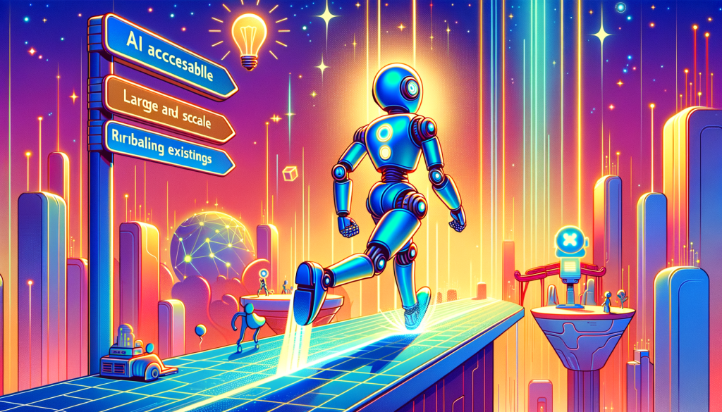 Create a 3:2 aspect ratio digital illustration that emits a positive and light atmosphere, embodying the essence of AI technology advancement. The style should be playful and vibrant, reminiscent of the fun charm seen in early 20th-century animation. The main scene should subtly hint at a cutting-edge AI model being accessible, large scale, and potentially rivaling major existing models. Kindly incorporate elements such as a futuristic digital landscape, a poised-for-action robotic figure symbolizing the new AI, and an obstacle course suggesting the challenges and rivals the AI might face.