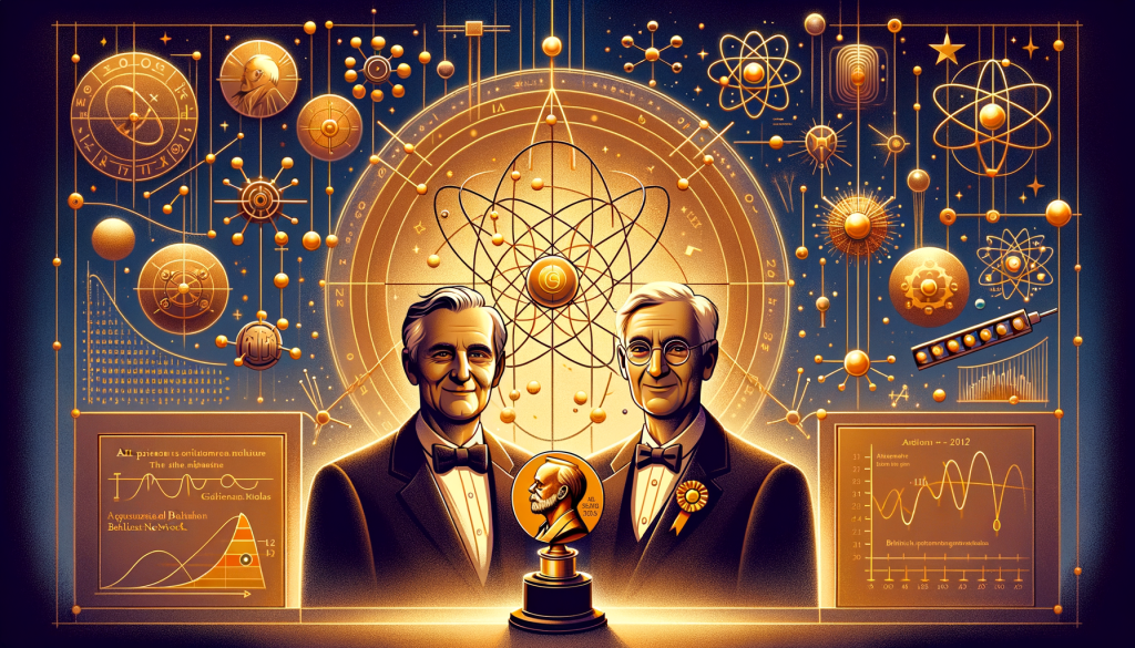 Create a detailed, 3:2 aspect ratio illustration for the article titled 'AI Pioneers Win Nobel Prize for Physics'. It should be in a warm and cheerful style, embodying aspects of the bright, emphatic and animated 3D style typically seen in mainstream animation studios pre-1912. The primary scene should depict the two main characters as academic figures, standing on either side of a symbolic, golden Nobel Prize medal. Behind them, let's have a graphical representation of an artificial neural network, hinting towards their contribution. Also subtly include elements symbolizing physics, such as an atomic model or a constellation of stars and their AI-related works like the Boltzmann machine and gradient descent methods represented intelligently in the backdrop. Remember to visually maintain a positive atmosphere throughout, reflecting the landmark recognition of AI's impact on science.