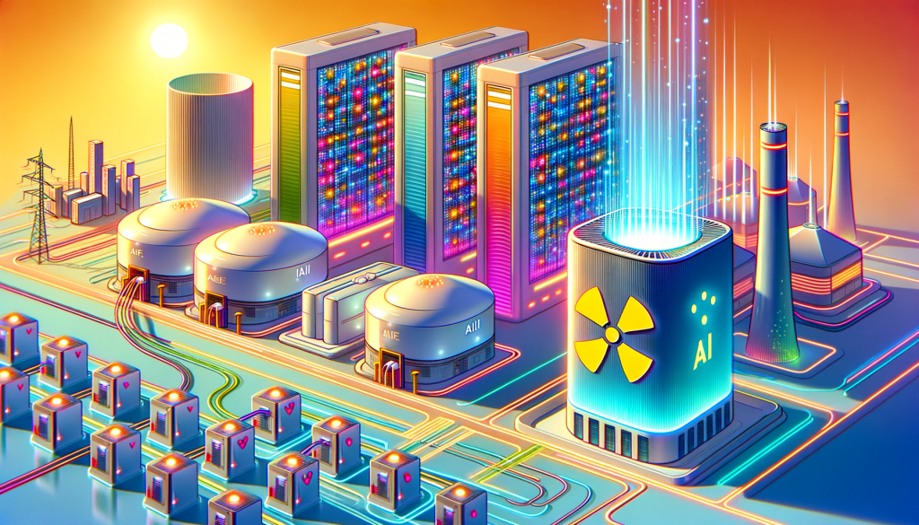 Visualize a vibrant and cheery scene in a style that features simplified forms, smooth surfaces, and bright colours, reminiscent of a famed animation studio's general methodologies. Key elements to incorporate include a vast complex of AI data centres, represented as futuristic buildings brimming with lights and activity. Adjacent to the structure are small modular nuclear reactors symbolized as compact and highly designed cylindrical structures emitting a soft glow, with the logo of a fictitious company analogous to a dominant internet giant proudly displayed on them. Show a procession of energetic electrons flowing from the reactors to the data centres, expressing the supply of power. Make the atmosphere optimistic and progressive to reflect the forward-thinking nature of the deal.