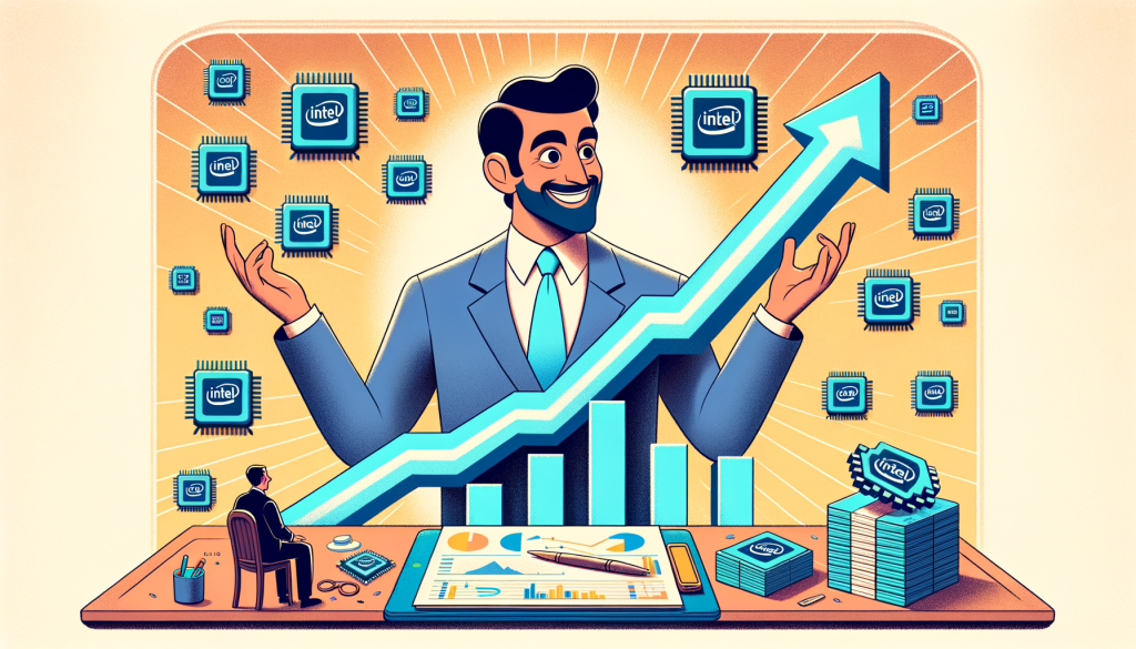Create a high-quality 3:2 aspect ratio illustration inspired by cheerful animation styles from the early 1900s. Display various elements representing the significant points in Intel's journey. Central to the image is Intel's CEO, depicted as an optimistic Middle-Eastern man, pointing towards a rising bar graph that symbolizes 'Increased Revenue', despite a fluctuating line graph close by, symbolizing the 'stock changes'. Incorporate smaller visuals of chips, representing AI-chips, some in bold and beautiful colors, symbolizing the successful deals, some faded, suggesting the missed opportunities. Against a backdrop of positivity, add small elements of concern, like scattered analyst notepads filled with charts and questions.