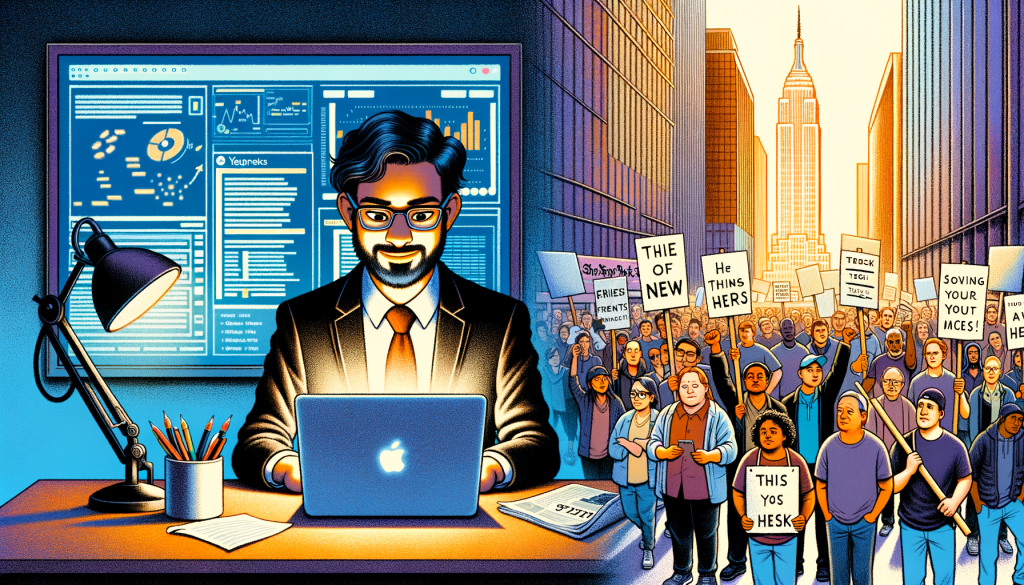 Create an illustration in a whimsical and lively style, maintaining a 3:2 aspect ratio. Divided into two parts, the left contains an image of the CEO of a generic tech company, Aravind Srinivas, at his desk. He is peering into his laptop screen which casts a faint glow onto his Caucasian face. He is in the middle of typing, while on the screen, the software from his company 'Perplexity' is visible. To the right, show striking tech workers in front of the New York Times building. The workers, a diverse group, including but not limited to, Hispanic, Black, South Asian, Middle-Eastern, White: both female and male, are holding picket signs and demanding better working conditions.