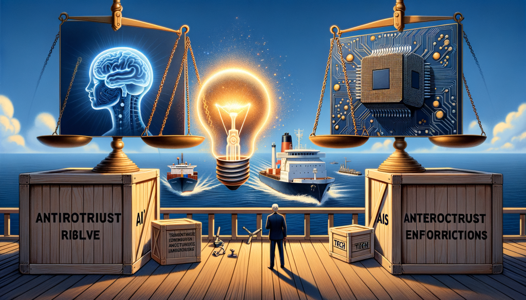 Visualize an optimistic and light-hearted scene that illustrates the influence of a hypothetical U.S. president on three major tech domains: AI, antitrust, and semiconductors. A lightbulb representing AI sparks with energy, signifying deregulation. Adjacent, scale balances visualizes the struggle of antitrust enforcement with major tech companies. Nearby, a complex semiconductor chip rests on an atlas, illustrating the international dynamics around chip manufacturing. Lastly, manifest the hint of a potential technology trade war by portraying crates labeled 'tech' stacked on the deck of a ship sailing troubled seas in the background. Give the overall mood a positive spin to reflect the prospects of technology improvement.