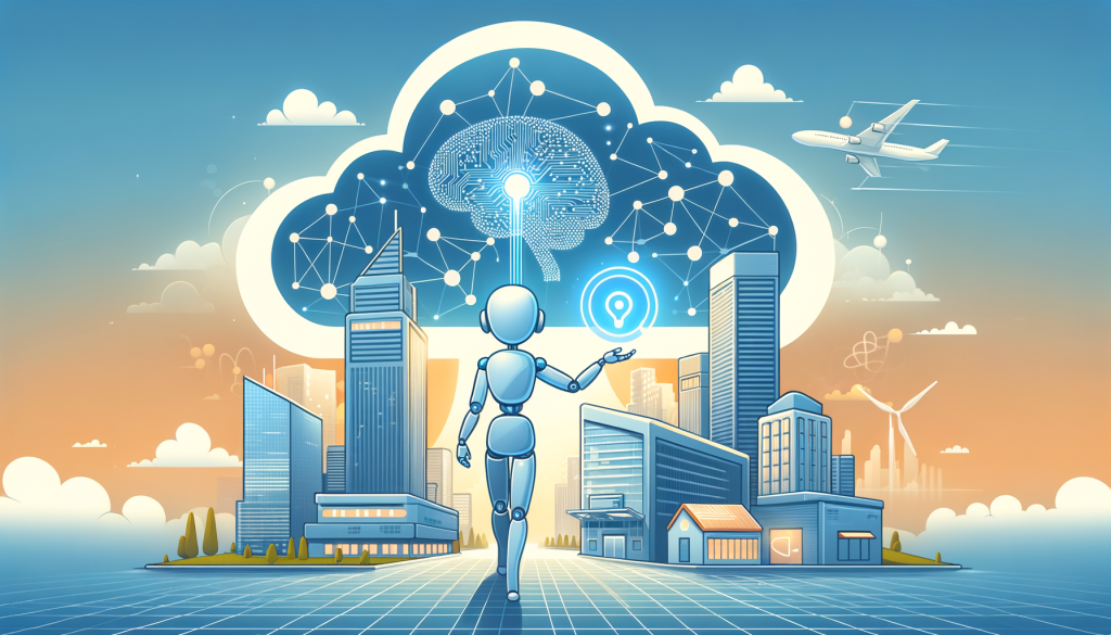 Illustrate a 3:2 aspect ratio image representing the partnership between an artificial intelligence company and a data analytics firm, collaborating with a large cloud service provider. Focus on positivity and creativity, using a light, simplified, and smooth style. Convey the integration of advanced AI models (depicted as a character holding a neural network sign) with a data platform (depicted as a modern, high-tech building). Also, show the cloud service provider as a vast cloud structure providing strength and support beneath. Hint at benefits for governmental operations through depictions of subtle military and intelligence iconography. Please avoid any specific real-world company logos or copyrighted styles.