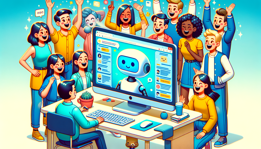 Create a cheerful, bright 3:2 aspect ratio image showcasing a stylized, computer-animated look similar to early 2000s digital animations, which respects the style, but is not a direct emulation of any copyrighted studios or artists. The scene should illustrate the great news of an AI language model application being available to everyone on Windows. Focus on a detailed depiction of a desktop computer with the application opened on its full-screen window, surrounded by a diverse group of characters in great excitement. This group should portray people of various genders and descents, engaging with the app and expressing joy, curiosity and fascination.