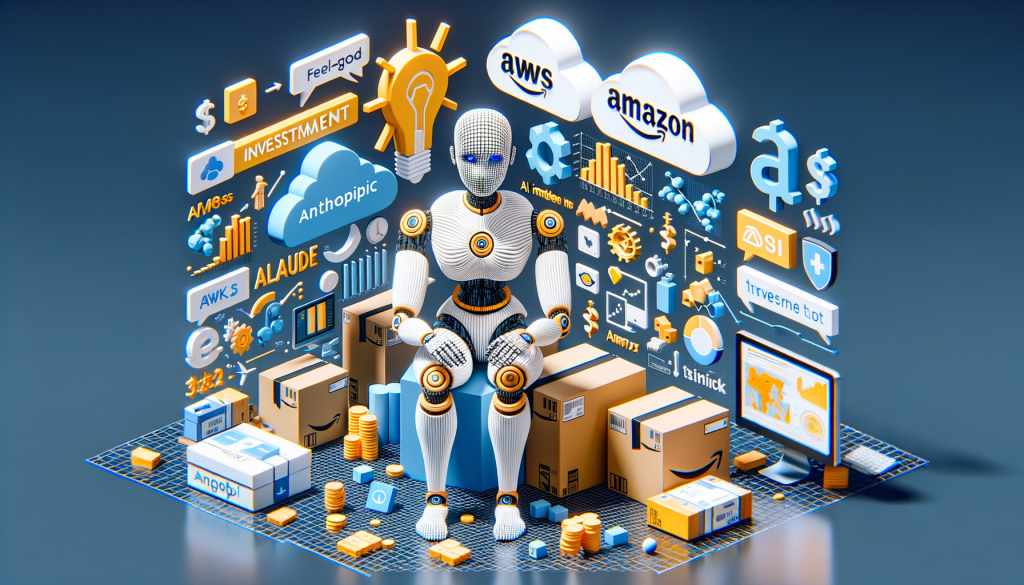 Generate an image in a vivid, feel-good, and animated 3D style, similar to styles used in early 2000's 3D animations. The image should depict a scene related to artificial intelligence. Show a symbolic representation of Anthropic, perhaps through an anthropomorphized AI resembling Claude, their AI model. Also, represent Amazon through items associated with them, such as packages or the AWS logo. Hint towards an investment process, perhaps with dollar signs or graphical charts showing growth. Include elements relating to cloud computing and AI model training to reflect AWS Trainium and Inferentia chips being used. Please maintain a 3:2 aspect ratio.
