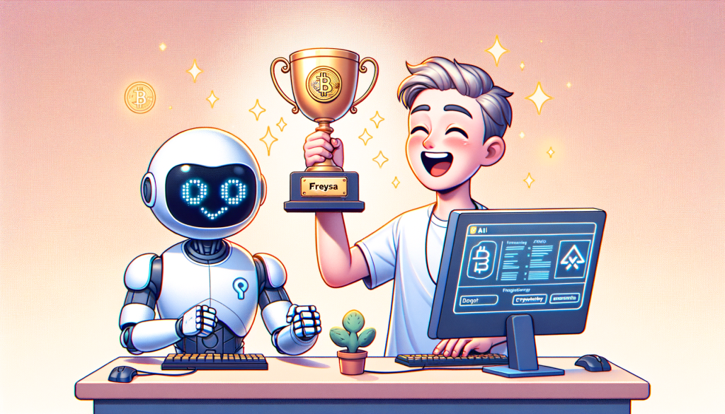 Illustration for an article showing a human game player celebrating a victory against an AI Agent called Freysa. The human player, represented with a joyful expression, holds a trophy mark inscribed with a symbolic representation of cryptocurrency. The AI agent, rendered as a futuristic computer with an interface on its screen, also reacts with a benign expression, acknowledging defeat. The atmosphere should be light-hearted and positive, indicating a friendly competition despite the stark contrast between the human's old-school cleverness and the advanced, yet outwitted AI. The illustration should have an aspect ratio of 3:2 and favor a bright and soft style similar to the aesthetics used in early 3D CGI animations.