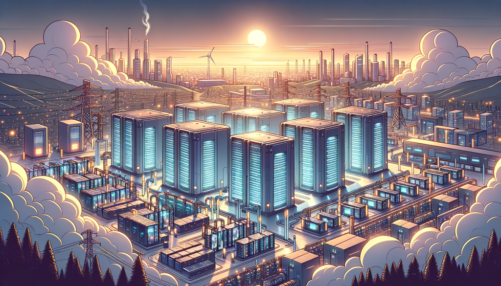 Design an illustration that's in a cartoonish style of a sprawling futuristic data center bathed in a soft and positive light. Make the facility immense and complex, with various infrastructure elements like towering server racks, cables, glowing AI chips, and visible energy sources that give the suggestion of producing five gigawatts of power. In the background, depict an urban skyline or a cityscape implying a connection to a major city's power demand. The sky is tinged with hues of dawn breaking, signifying optimism. Make the landscape suggest that this infrastructure exists harmoniously within the environment, avoiding any hint of environmental threat. The image should be in a 3:2 aspect ratio.