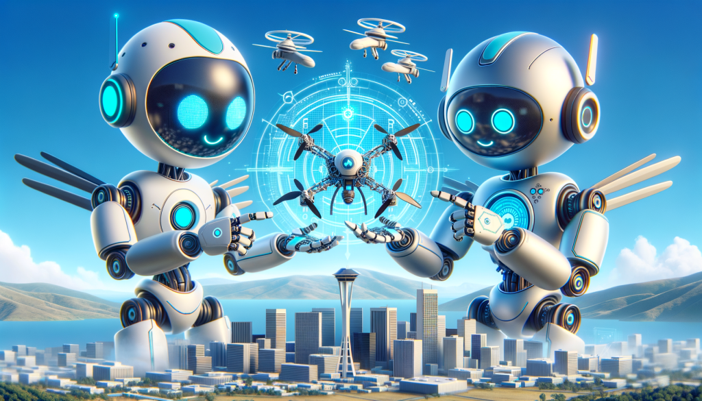 Imagine an illustration that visualizes the collaboration between a tech company and a defense startup, both working together to enhance air defense systems with AI. Picture them as two stylized, friendly, 3D robotic entities, one symbolizing the Silicon Valley tech company, made from sleek futuristic materials softer curves, oozing brightness and approachability. The other robotic entity symbolizes the defense startup with a more robust and tactical design, adorned with radar-like elements, signifying advanced air defense systems. They are jointly examining a dynamic holographic image of a drone, projected from a high-tech device, figuring out ways to improve it with AI technology. All set against a backdrop of Silicon Valley-styled buildings under a bright sky.