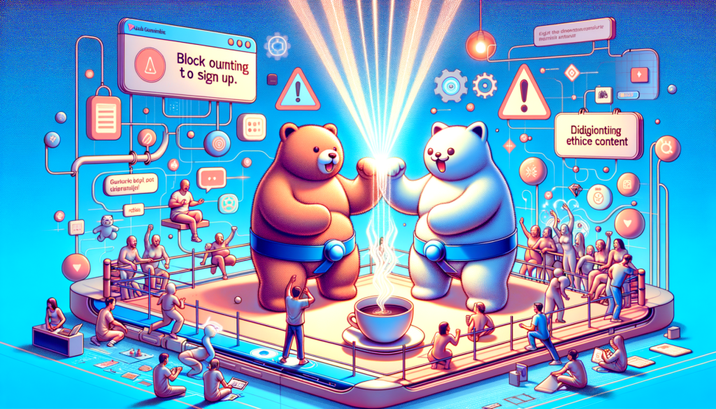 Illustrate an image corresponding to the content of an article. The scene portrays a light, digital, and friendly environment. A sumo-wrestling bear and a cat drinking coffee, both depicted with round and soft designs, are brought to life by beams of light emulating from a futuristic device. The ambiance is joyful, symbolizing the overall positive response to the AI video generator Sora. On the backdrop, abstracted designs of users excitedly trying to sign up, but being stopped by a temporary blockade, create an abstracted user interaction scenario. A cautionary banner flying overhead signifies the commitment to block inappropriate content and diligently manage ethical issues.