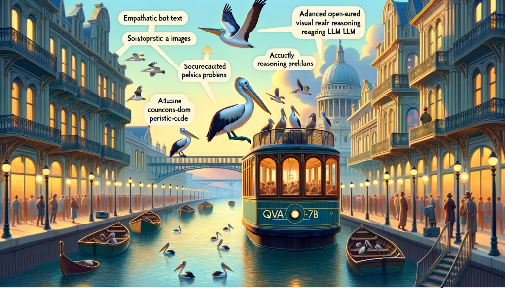 Illustrate an image highlighting the main features of the advanced open-sourced visual reasoning LLM, Qwen QVQ-72B, in an empathetic, light-hearted, and cheerful style, much like what you'd find in pre-1912 animation. Perhaps show the LLM analyzing both text and images, solving complex physics problems, and accurately counting pelicans in an image. Also, depict signals of its open-source nature, its multi-step reasoning process and its transformer-based structure, all while maintaining a positive and light atmosphere. Note a 3:2 aspect ratio is desired for the image.