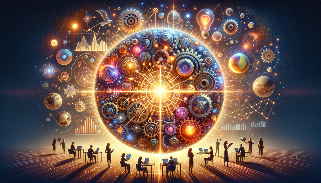 Create a lively, uplifting and light-hearted illustration in 3:2 aspect ratio that symbolizes the exciting future of artificial intelligence as it enters the 'next phase'. Visualise intricate reasoning models, represented as a series of complex yet harmonious machinery parts that are working synergistically. These parts aim to convey the advanced capabilities and deeper understanding offered by artificial general intelligence. Depict an AI system, designed as a modern spherical entity glowing with a radiant light, indicating its ability to comprehend and solve complex problems. It's actively interacting with different figurative symbols of varied industries such as a gear wheel, a graph, a book, a globe that represent the areas such as engineering, economy, education and geography respectively, symbolizing the wide reach and potential impact across industries. Then, visualize a group of people from different descents and genders including a Middle-Eastern woman, a Caucasian man, a Black man and an Asian woman, all engaged in a discussion about AI, representing collaborative human-AI interaction and inclusive societal conversation on this topic.