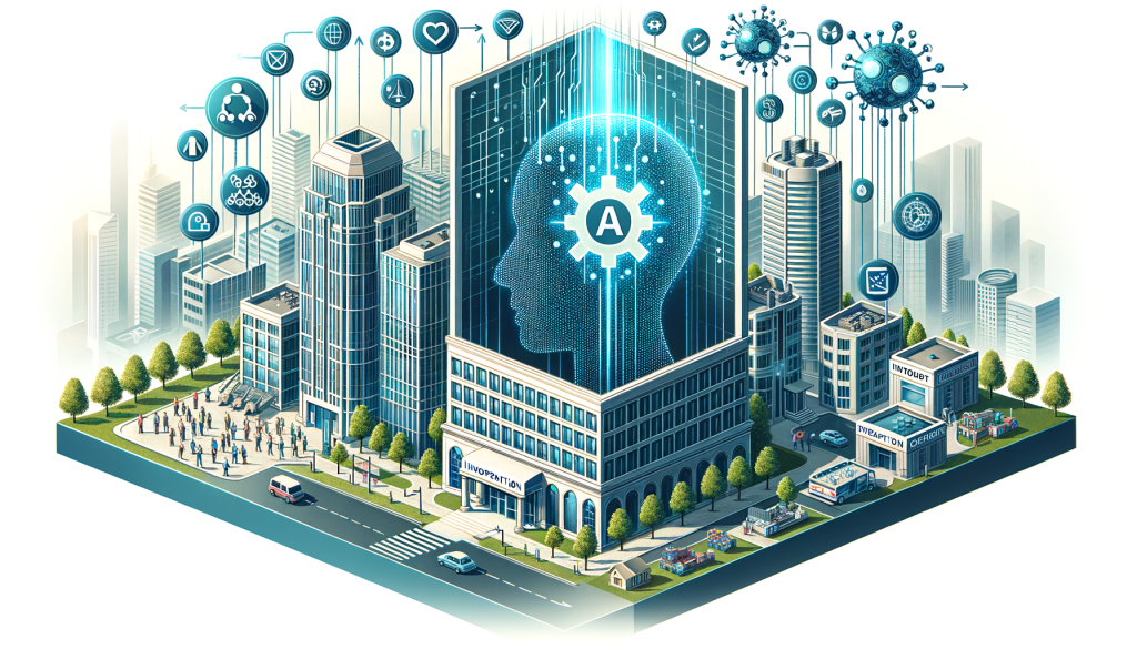 Create a visual representation reflecting an AI company transitioning from a non-profit to a for-profit structure, using a positive and light style. The illustration should depict a large building with architectural features suggestive of a business corporation. Symbols of artificial intelligence such as geometric shapes or floating holographic tech interfaces can be integrated. Also, showcase scenes of different sector focus in the foreground such as healthcare and education hinting at charitable initiatives. A symbolic representation showing the company's growth or the pouring in of investments can be incorporated. Ensure the aspect ratio of the image to be 3:2.
