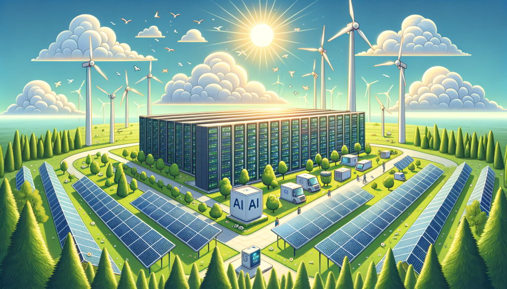 Create an illustration in a positive and vibrant style. The scene showcases an array of large, high-tech AI data centres surrounded by renewable energy sources like wind turbines and solar panels. These decentralised structures are in a balanced harmony with the lush green environment. Birds are flying above, there's a clear, sunny sky with few wispy clouds, and the sunrays illuminate the advanced technology. This represents the initiative towards more sustainable and efficient energy use in technology and AI sector. The picture composition should be in a 3:2 aspect ratio.