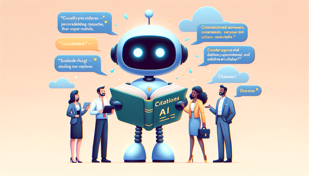 Create a light and positive image in a modern, digitally animated style akin to early 21st-century animation studios. In a 3:2 aspect ratio, depict a cloud AI symbolized as a friendly robot, holding a book titled 'Citations'. The robot is providing accurate answers to a diverse group of professionals, including a South Asian male developer, a Black female customer support agent, and a Middle Eastern male reporter. The book pages show highlighted sentences representing user-provided materials, tagging onto replies the robot gives. The robot, book, and speech bubbles convey the notion of a reliable, citation-verified dialogue with representative users. In the background, subtly incorporate cloud shapes, indicating the product's use via cloud-based platforms.