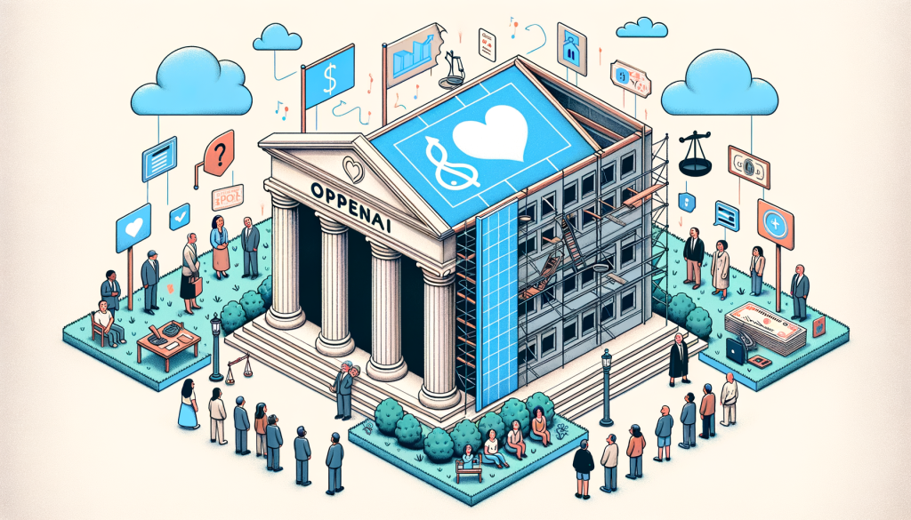 Create an illustration in a light, whimsical style, symbolizing the change in corporate status. The central piece of the image should be a building with the sign 'OpenAI' over it, currently half-covered with a blueprint-like overlay showing its renovation. On one side of the building, represent a typical non-profit symbol like a heart. On the other side, represent a typical for-profit symbol like a dollar sign or a scale. In the surrounding area, depict diverse people - some Black, Caucasian, Hispanic, and Middle-Eastern - in various roles such as lawyers, tech workers, and the public, all observing the transformation with interest. No specific people should be discernable. The imagery should not criticize or support the change, but rather depict it as a matter of public interest.