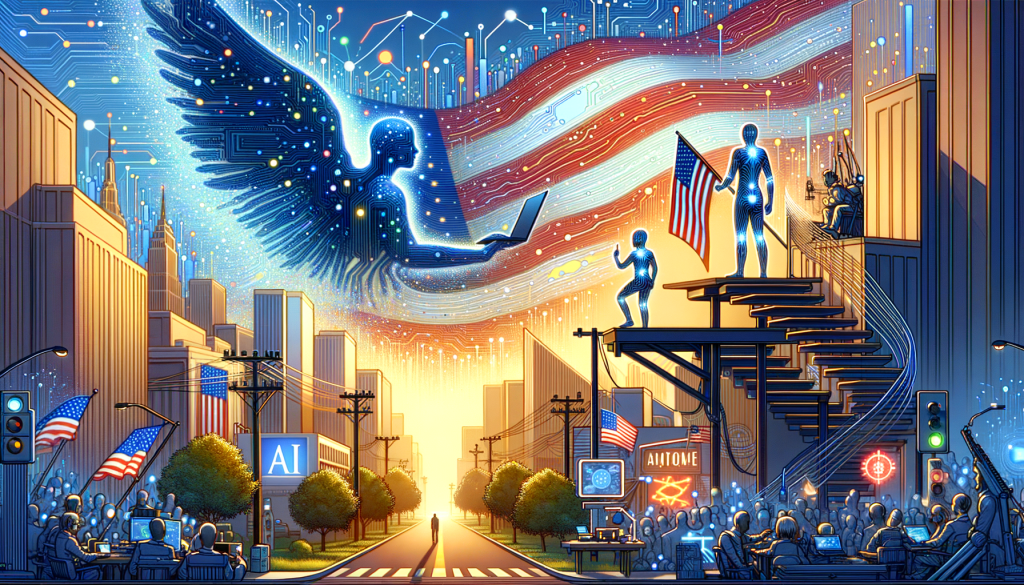 Illustrate a 3:2 aspect ratio image embodying the transformation and innovation in the American tech industry brought forward by an AI company, DeepSeek. The image should communicate the groundbreaking impact of a new AI model on sectors like cybersecurity and data management. Pivot the representation towards the potential of AI driving progress, where DeepSeek is portrayed as a significant player in this change. Apply a bright, optimistic, and animated digital art style, similar to a computer-animated feature of the late 20th century.