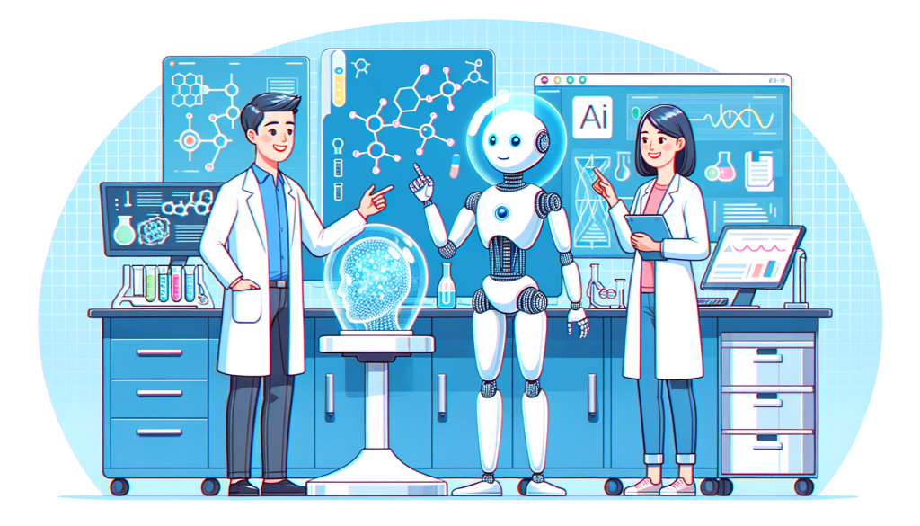 Create an illustration in a cheerful, light-hearted style for an article focused on AI and biomedical research. Render a modern lab setting where a humanoid AI, represented with a wireframe design, is assisting human researchers. Depict a Caucasian male researcher and a South Asian female researcher both looking at a holographic display showing scientific data and molecules. Make the AI character gesture towards the holographic display, indicating its role as collaborator. Incorporate elements to subtly hint at Google's involvement, such as the use of their signature colors in the UI of the holographic display. Please maintain a 3:2 aspect ratio.