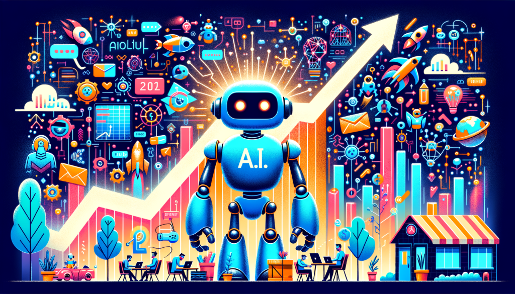 Create an illustration in a light and positively playful style, replacing the Pixar style with vibrant colors, expressive characters, and whimsical story-telling. The core visual should be a representation of the A.I. start-up Anthropic's monumental $61.5 billion valuation, implying a significant growth. Picture a chart showing a significant upwards trajectory, indicating the company's rise in value over time. In the background, illustrate abstract representations of prominent tech companies, like a generic online marketplace and search engine, symbolizing venture capital firms and tech giants. Dotted around the image, indicate a variety of robotic characters performing different tasks to represent the diverse pursuits of the company, specifically the development of safe A.I. technologies. Use the 3:2 aspect ratio for this vibrant and dynamic illustration.