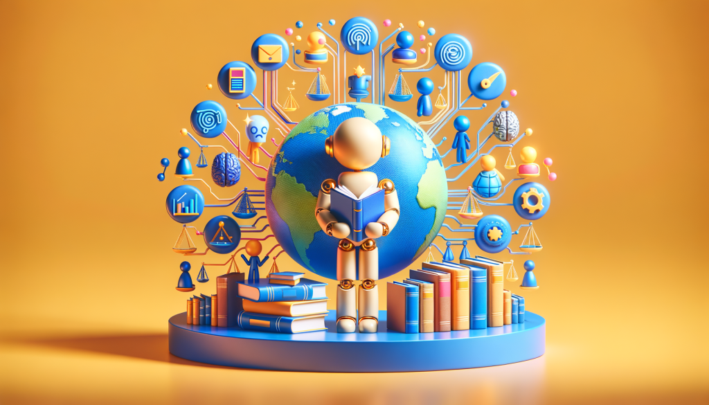 Create an image in 3:2 aspect ratio. The imagery displays in a positive, cheery and bright style, akin to modern 3D animations. The concept revolves around the theme of AI and information access. Imagine symbols that are typically associated with AI, such as neural networks, robotic figures, or digital interfaces, holding an arrangement of books, scrolls and tablets signifying copyrighted works. The AI entities appear to be learning from these sources, but not replicating them, demonstrating the concept of 'fair use'. Incorporate the image of a globe, signifying the international scope of AI development, and a balanced scale, representing fair and unbiased regulations.