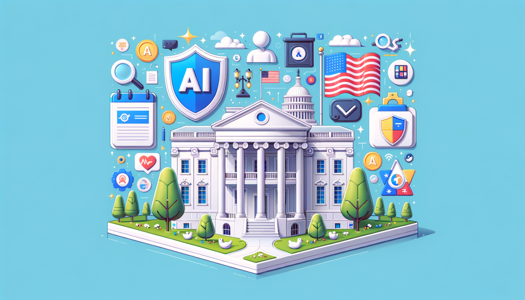 Create an illustrating image in a cheerful, light, and detailed 3D style. The image shows different elements that tell the story of the article: An AI company represented by a modern, sleek building; a White House-like building signifying the government; a shield sign representing the relief and protection they are asking for; and, a visual representation of diverse information like a book for copyright reform, medical icon for healthcare data, and an American and Chinese flag represented side by side. Executed in a 3:2 aspect ratio.