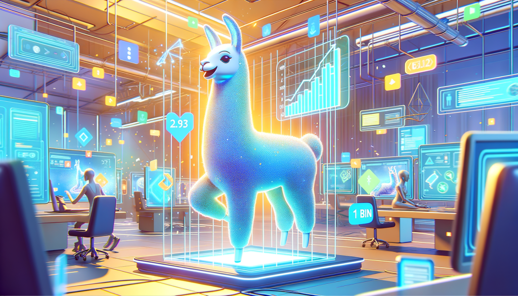 Generate an illustration in a bright and upbeat style for an article. Make the aspect ratio of the image 3:2. The illustration is to depict a celebratory moment in a futuristic tech company setting where the company's AI model, embodied as a friendly, playful llama, is depicted reaching the milestone of 1 billion downloads. The llama should be showcased in a digital form, possibly as holograms, reflecting both its artificial nature and its widespread use. You may also show some futuristic devices around that are running this llama AI model, such as computer displays, mobile devices, and other digital interfaces. Include some elements reflecting the growth graph and the figure '1 billion'. However, avoid any specifics that may imply an actual company or real public figures.