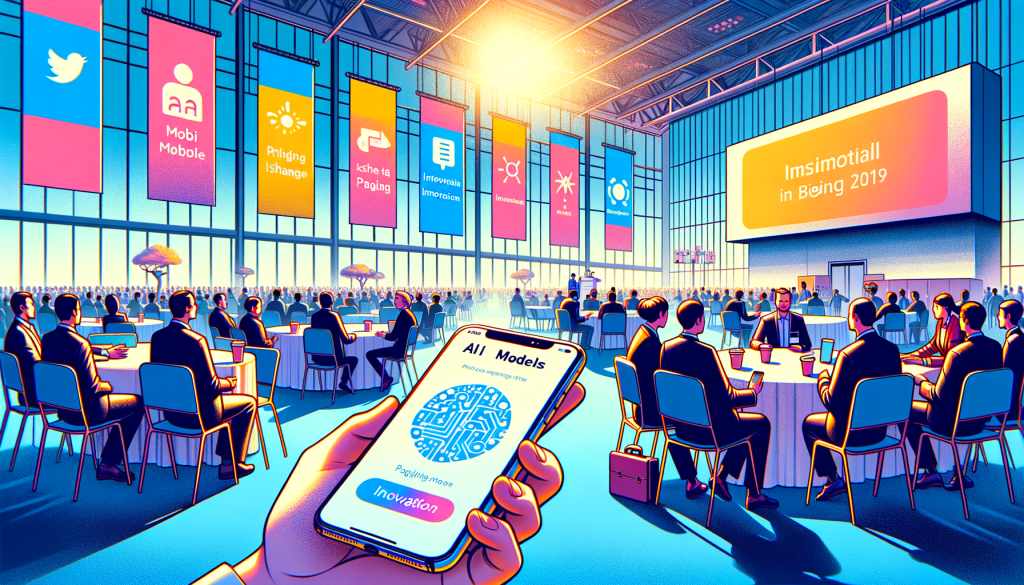 Create a positive and light illustration for an article. The art should be in a 3:2 aspect ratio and capture various aspects of the story. The scene is set in Beijing during an important tech conference. Show a view of the conference hall, with people engaged in discussion near a banner mentioning 'AI Models' and 'Innovation'. Include an image of a modern smartphone on a table in the foreground, symbolizing the key role of mobile tech in the story. Show logos of two tech companies, suggesting partnership, but not identical to any existing logos. Don't include any identifiable individuals in the image. The art style should be vibrant, digitally animated, and imaginative, reminiscent of the pre-1912 era in animation.