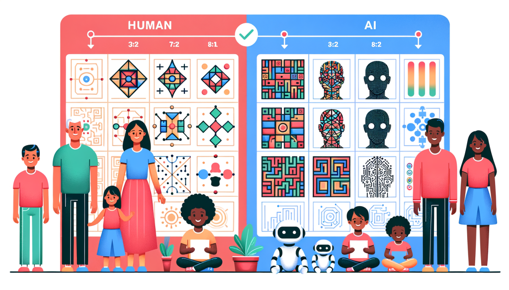 Illustrate an image in a positive and light style, maintaining 3:2 aspect ratio. Display a variety of visual puzzles and patterns, symbolizing an AGI test. The puzzles can be made up of geometric shapes, intricate designs or complex mazes. Additionally, add a division showing human and AI participants. On the human side, indicate variety by illustrating a Caucasian man, an Asian woman, and a Black child enthusiastically solving the puzzles. On the AI side, show digital bots in different shapes and sizes trying to interpret the puzzles. Also, feature representations of AI models, such as circuits or binary codes, scoring lower than the human individuals. Lastly, incorporate a scoreboard showing humans scoring higher than AI models.