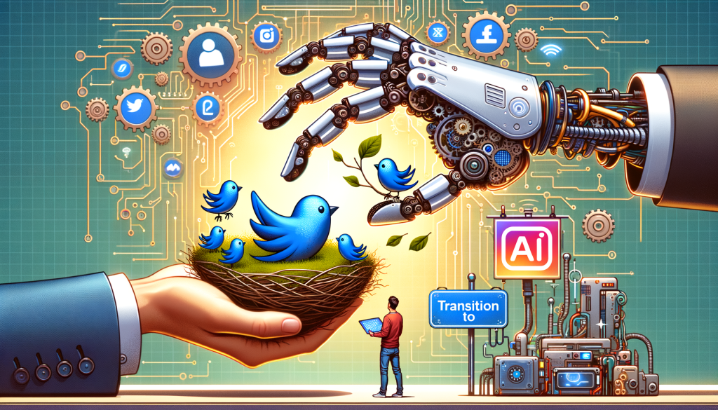Imagine a scene where a tech entrepreneur is handing over a metaphorical representation of a social media platform (depicted as a bird's nest with blue birds) to a robotic hand, symbolizing an artificial intelligence company. The background is filled with gears and circuits, signifying technology and innovation. In the corner of the image, include a banner with texts in 3D Pixar-style graphics saying, 'Transition to AI'. The birds are curiously peering at the robotic hand, questioning the future interaction. The whole image should be crafted in a bright, positive style, with a 3:2 aspect ratio.